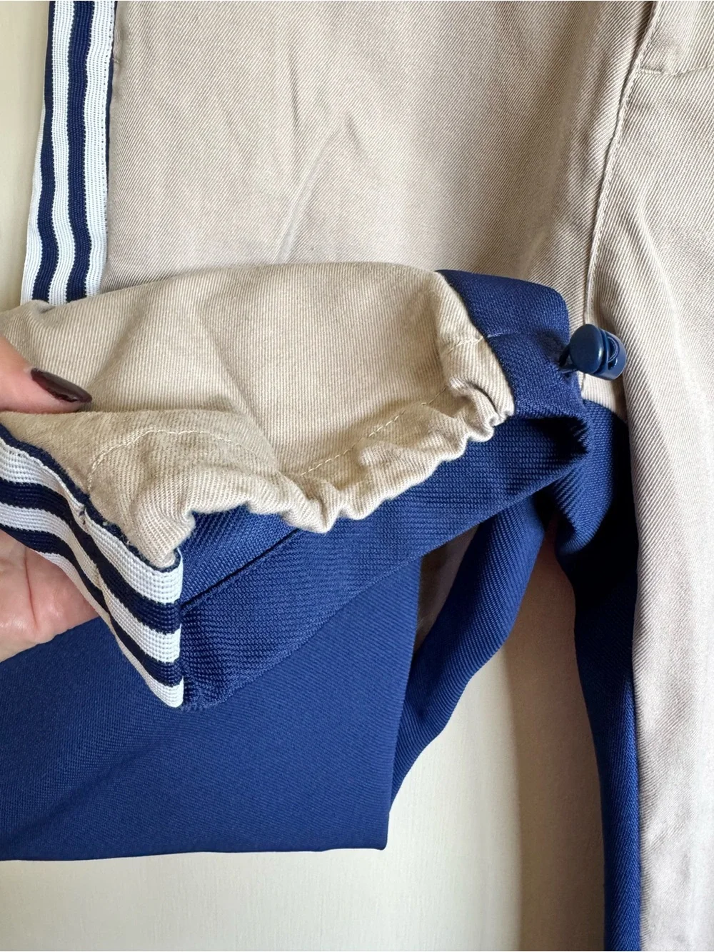 adidas Khaki Joggers with Navy Side Panels and White Stripes